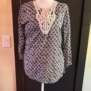 Talbots Black and White Patterned Blouse Like New
